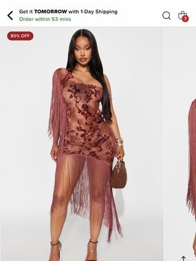 Fashion Nova Mauve One-Shoulder Fringe Floral Mini Dress